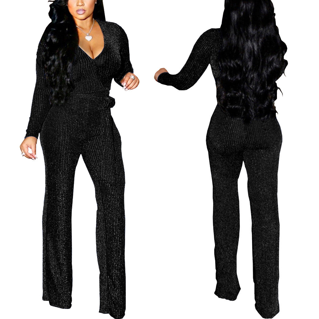 Winter Fashion V-Neck Belt Women's Jumpsuit 4