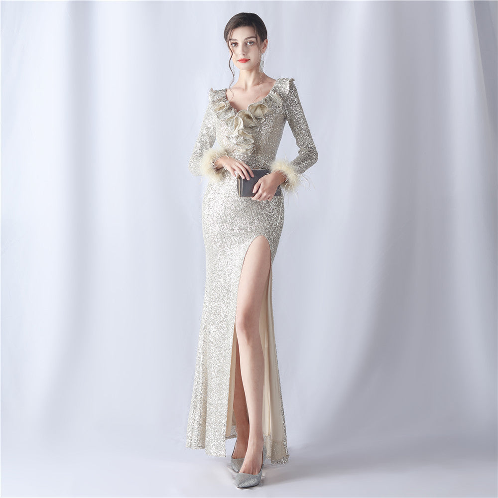 Feathers Sequins Long Sleeve Evening Dress 9