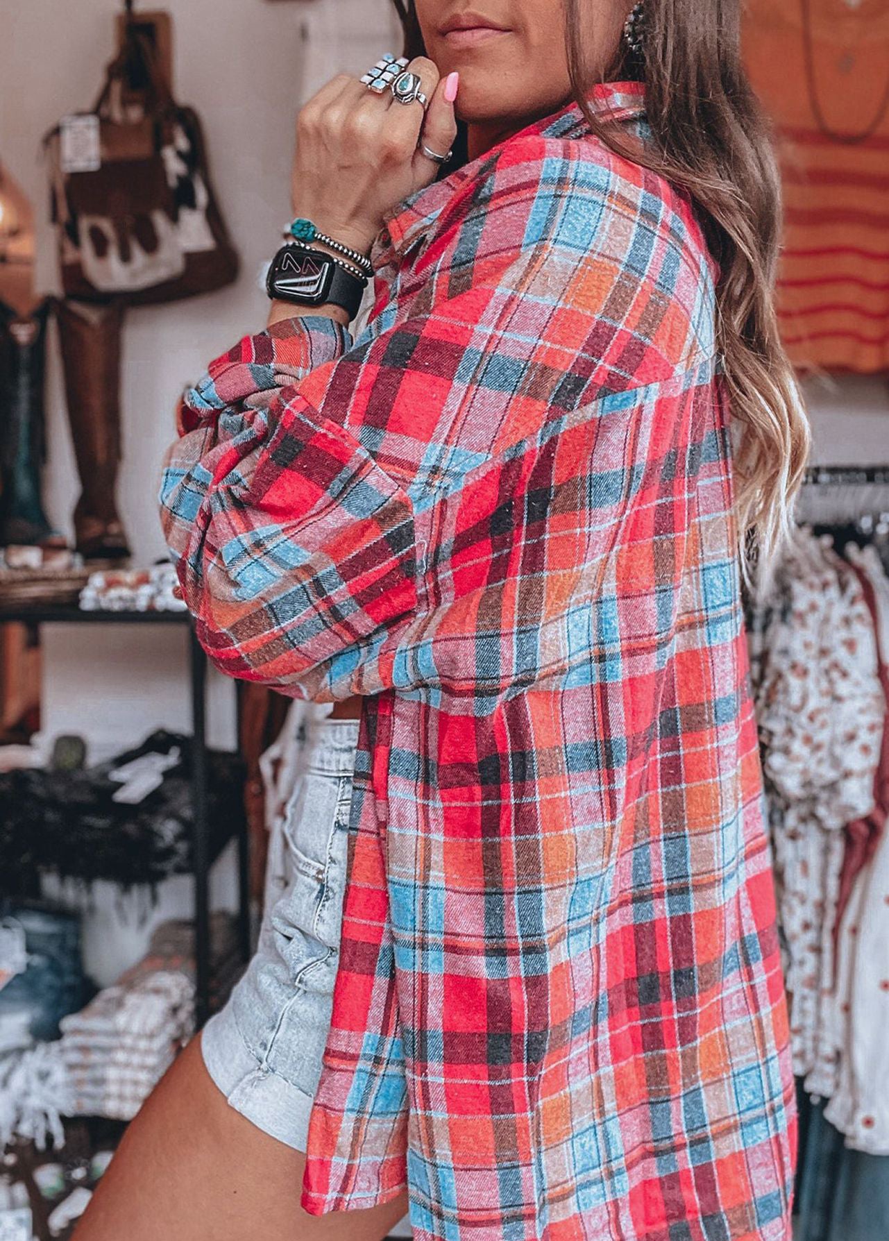 Simple Casual Top Plaid Print Loose And Single-Breasted Multi-Button Long-Sleeved Shirt 4