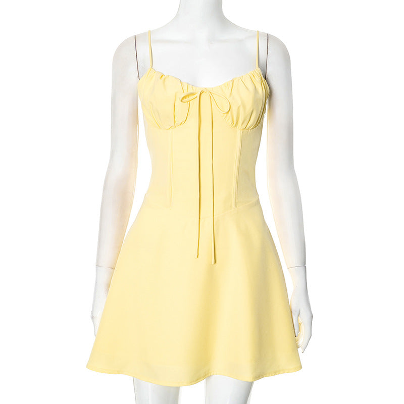 Women Lace Gathered Suspender Lace-Up Dress 6