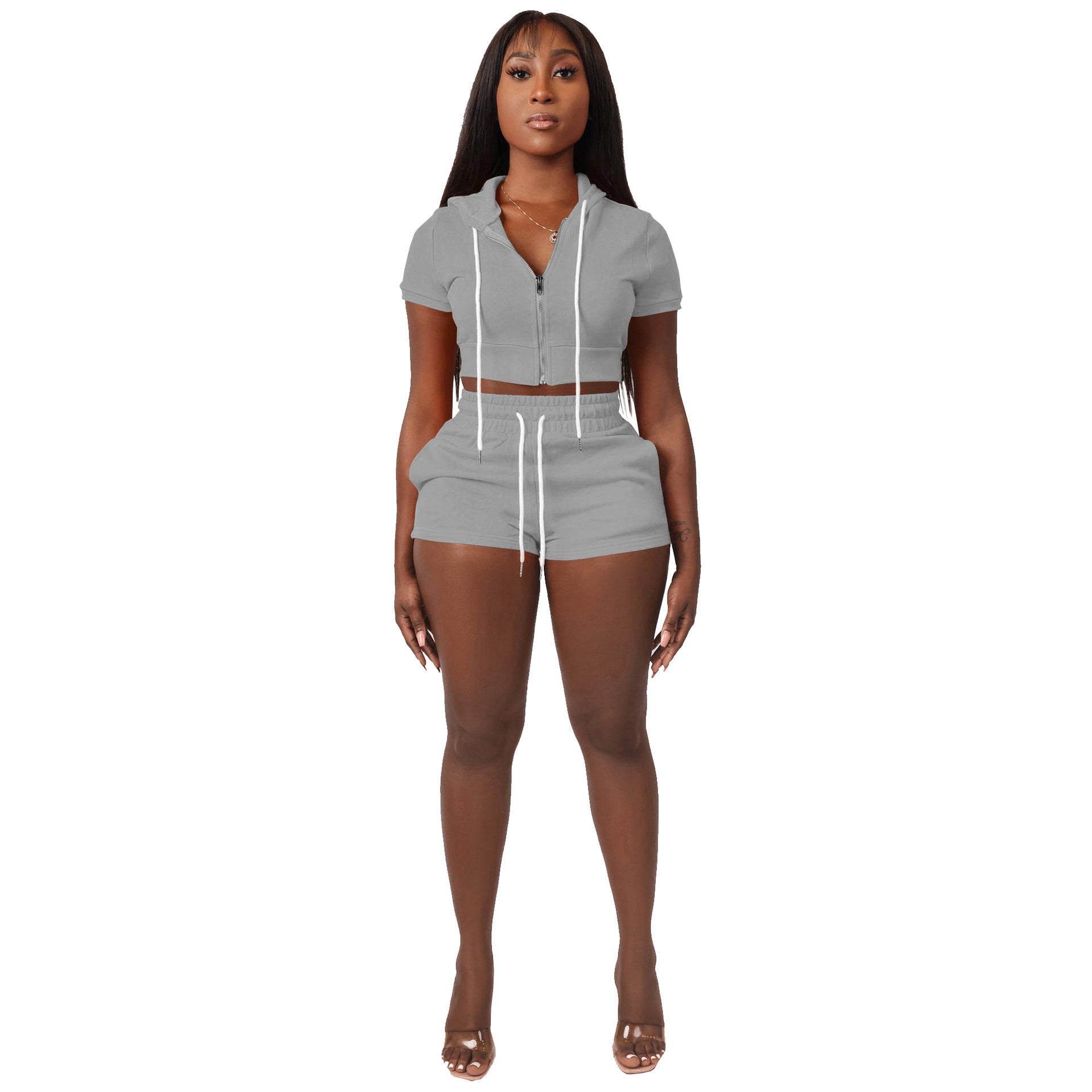 Women zipper Solid hooded Crop Top and Shorts two-piece set 15