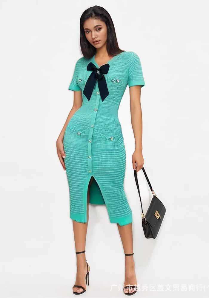 Women French V Neck Bow Short Sleeve Beaded Button Knitting Slit Dress