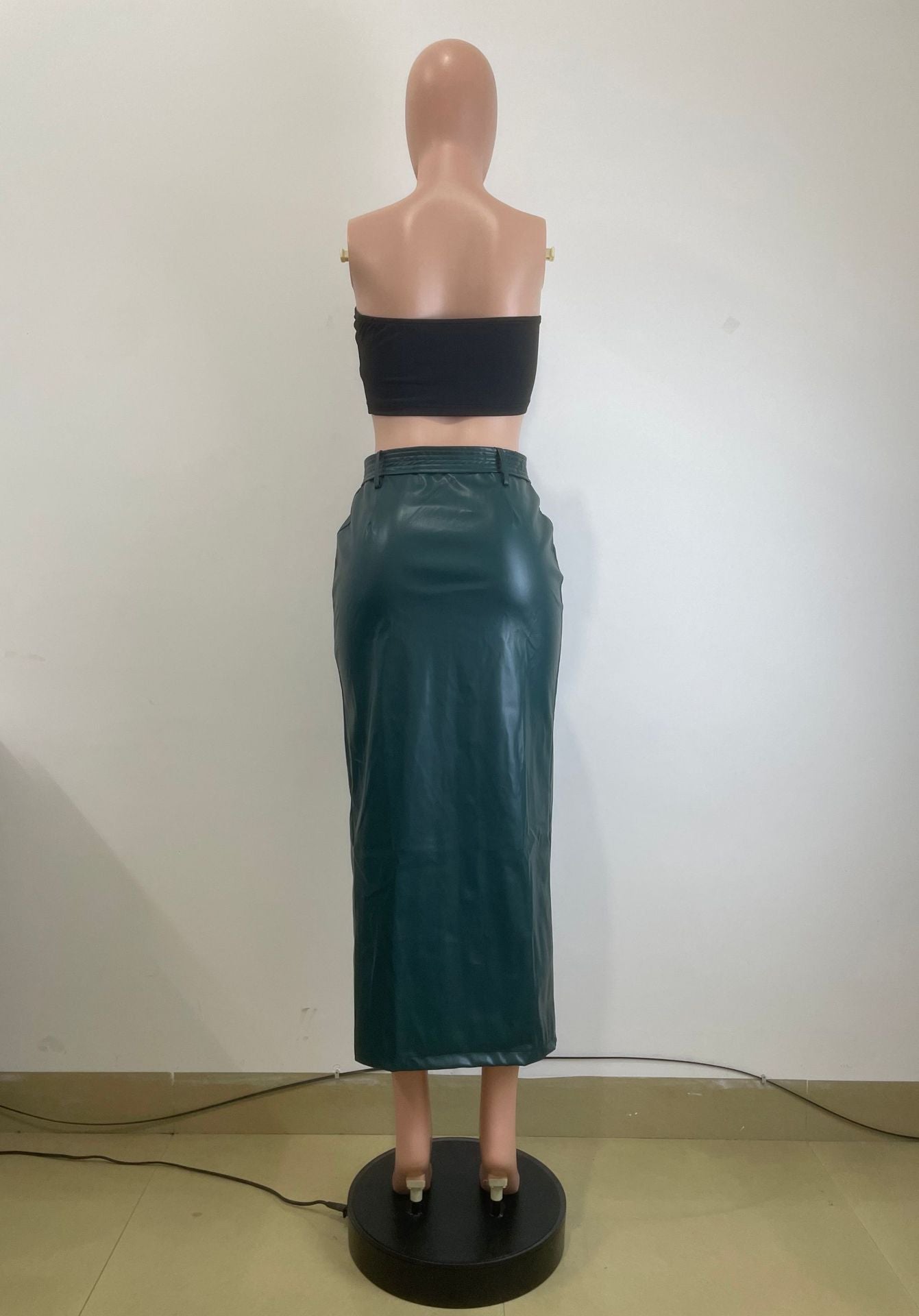 Autumn And Winter Mid-Length Black Pu Buckle Slit  Casual Leather Skirt With Belt 23