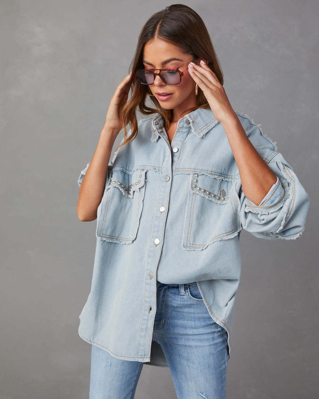 Women Autumn Rivets Turndown Collar Beard Denim Jacket 8