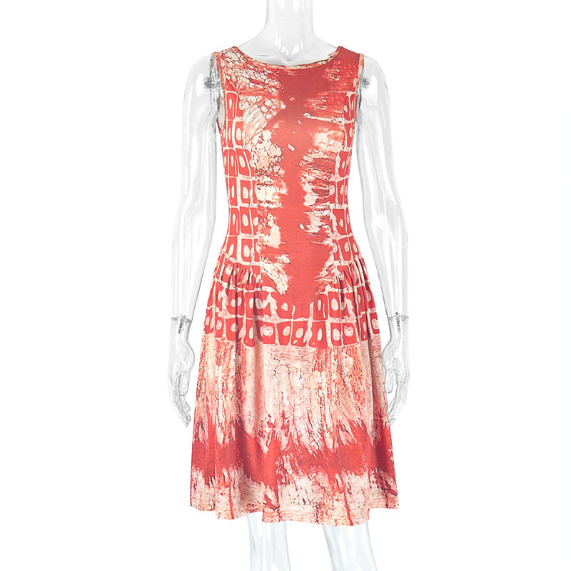Printed Round Neck Sleeveless Pleated A-Line Mini Dress 8