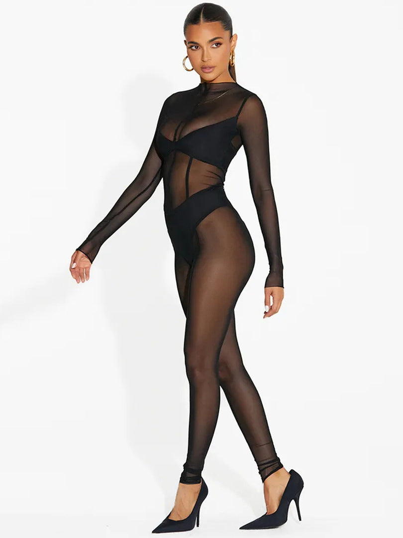 Women Long Sleeve Mesh Sexy See-Through Jumpsuit 4