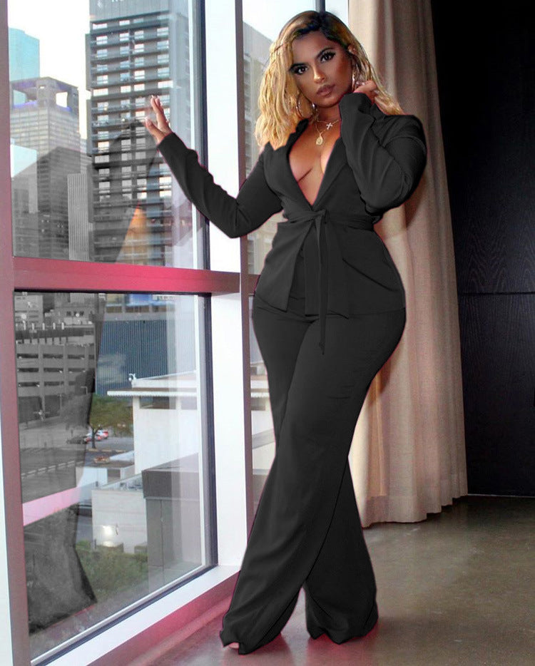 Women's Casual Professional Solid Color Slim Waist Long Sleeve Blazer Pants Two-Piece Set with Belt 7