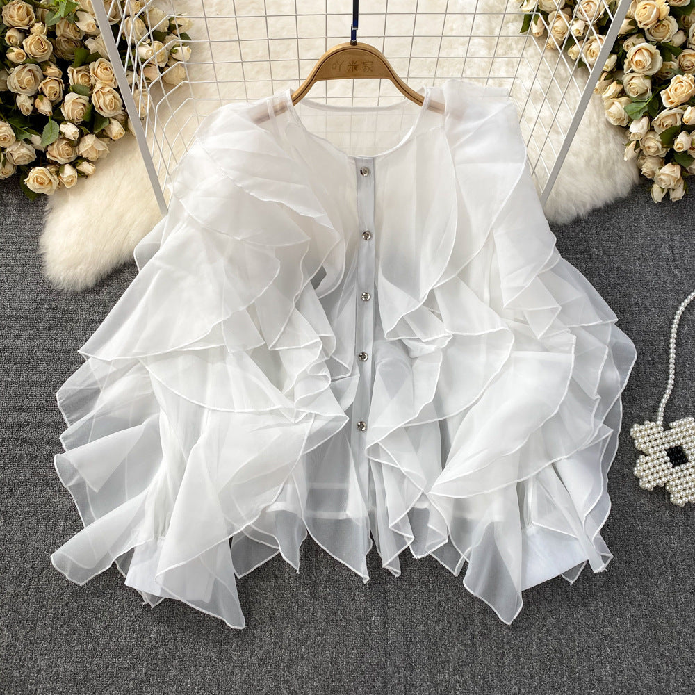 Women Round Neck Irregular Lotus Long Sleeve Casual Top Shirt 9