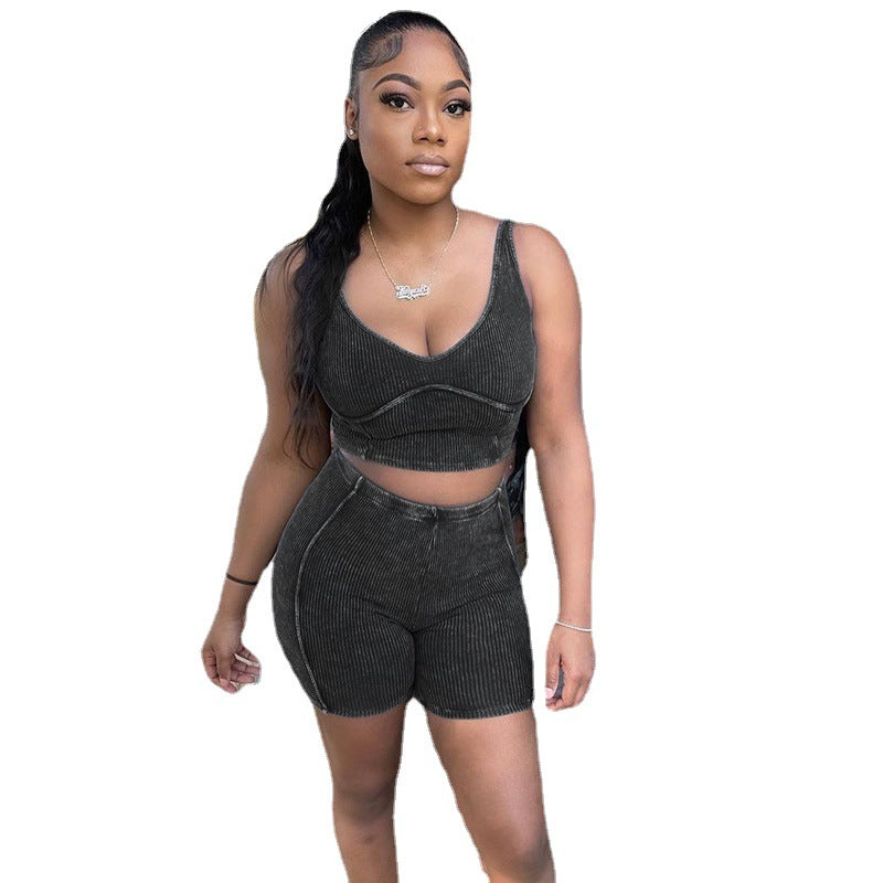 Women Rib Camisole and Shorts Summer Casual Sports Two-piece Set 9