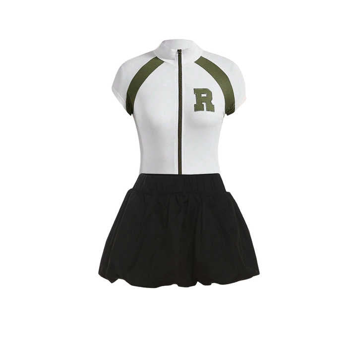 American Style Zipper Short Sleeve T-Shirt Women's Chic Pure Sexy Skirt Set 3