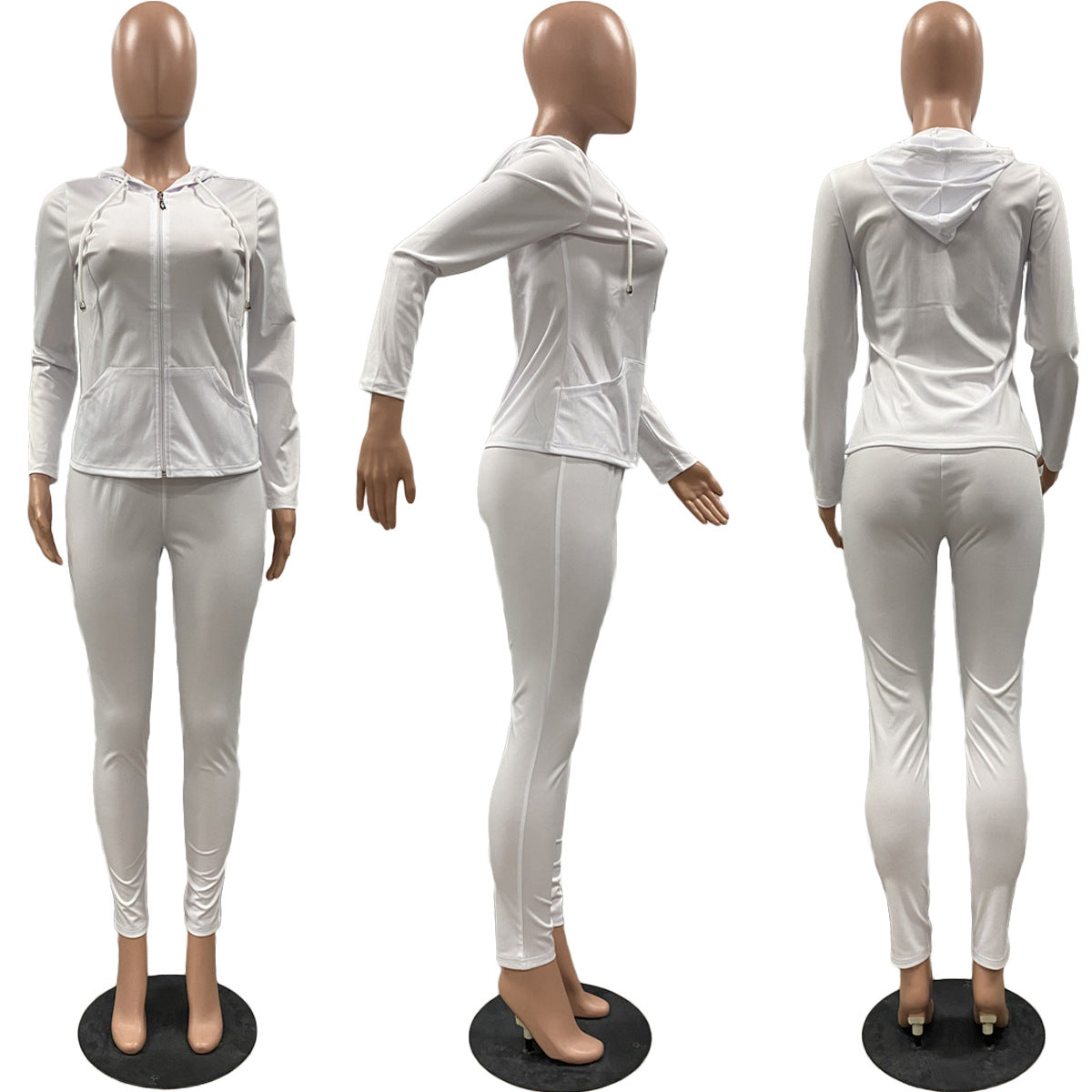 Women Summer Sports Hooded Full Sleeves Solid Pockets Regular Two Piece Pants Set 50