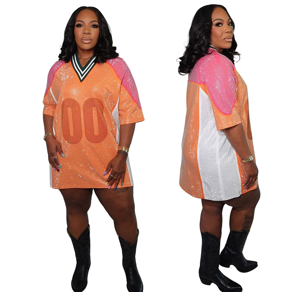 Patchwork Beaded Round Neck Contrast Color half-sleeved v-neck loose jersey dress 6