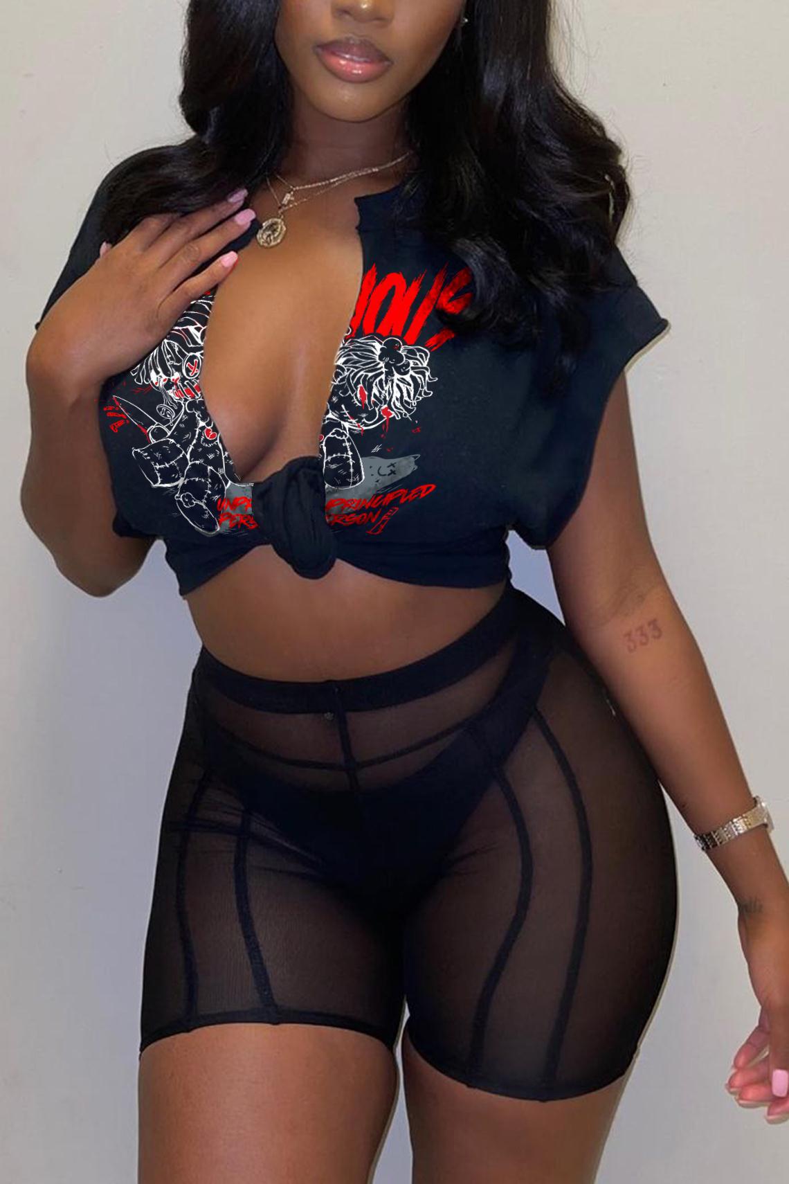 Women's Clothing Sexy Print Tops Mesh Shorts Two Piece Set