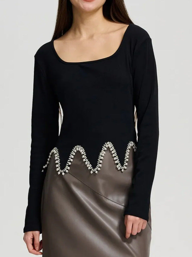 Solid Color Knitting Ribbed Long Sleeve Irregular Knitting Top 5