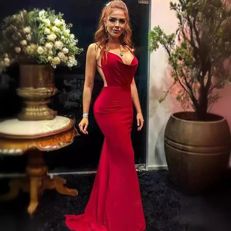 Spring Summer Women 's Strap V-Neck Low Back Long Dress