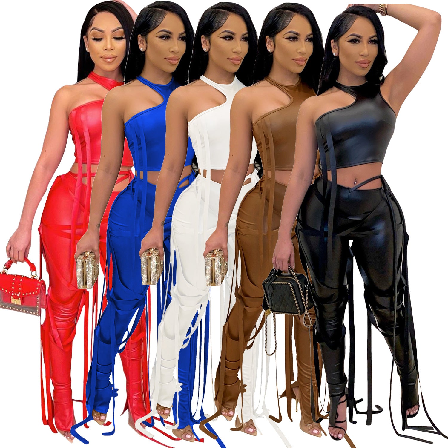 Women's Sexy Faux Leather Tank Top Lace-Up Pants Two Piece Nightclub Set 10