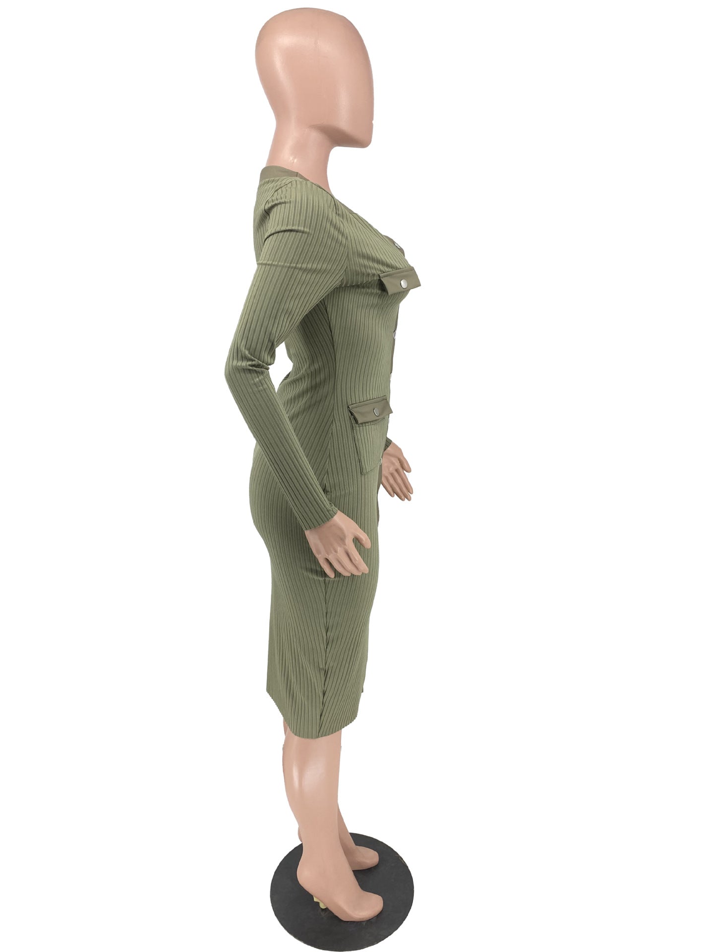 Ribbed Button Pocket Tight Fitting Stretch Dress 11