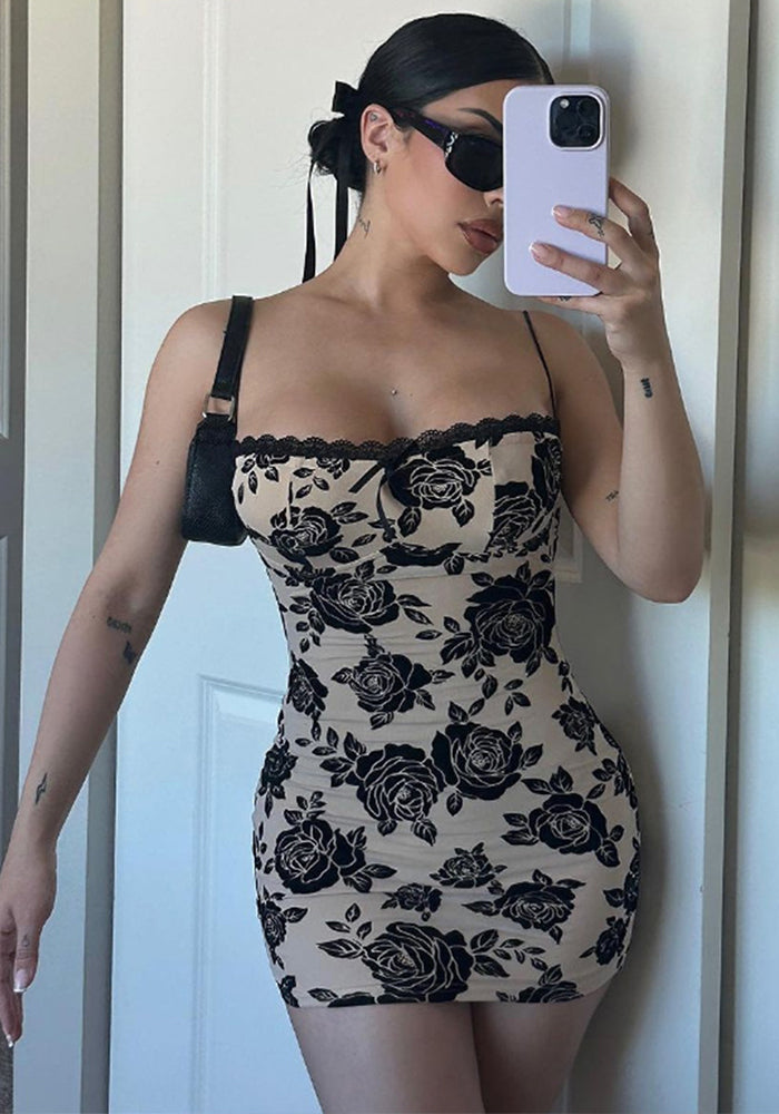 Spring Women's Fashion Low Back Strap Slim Retro Print Bodycon Dress