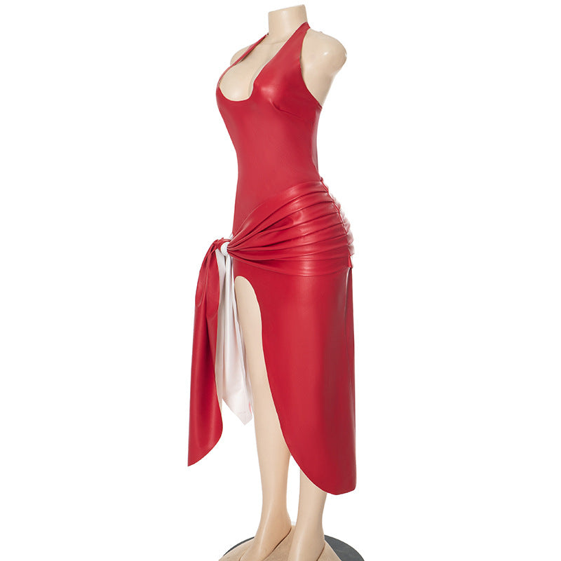 Spring Summer Sexy Deep V Halter Neck Lace Up Slit Dress 13