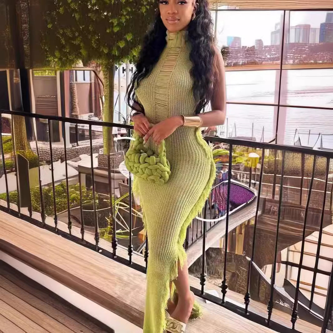 Women Summer Knitting Sexy Solid Tassel Bodycon Dress 5