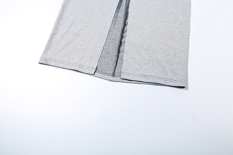 Spring Women Solid Round Neck Short Sleeve Bodysuit Sexy Slit Skirt Two-Piece Set 21