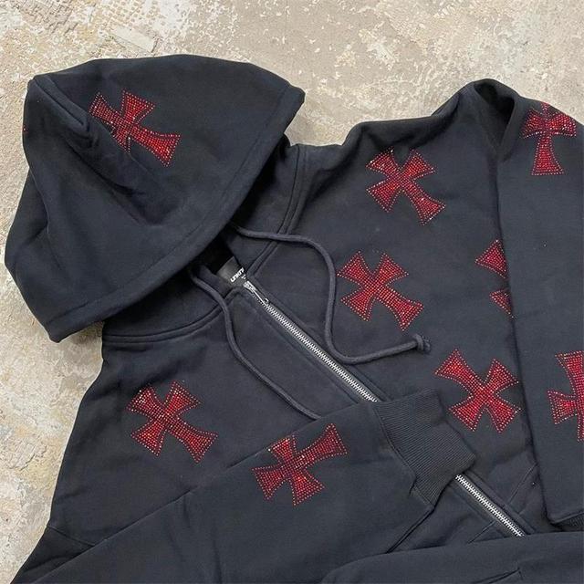 Women Autumn Loose Cross Beaded Zipper Hoodies 11