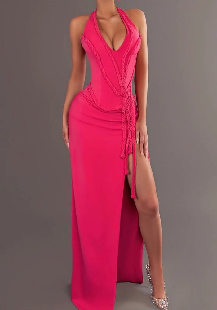 Women Sexy Line Hollow Gathered Lace Slit Dress