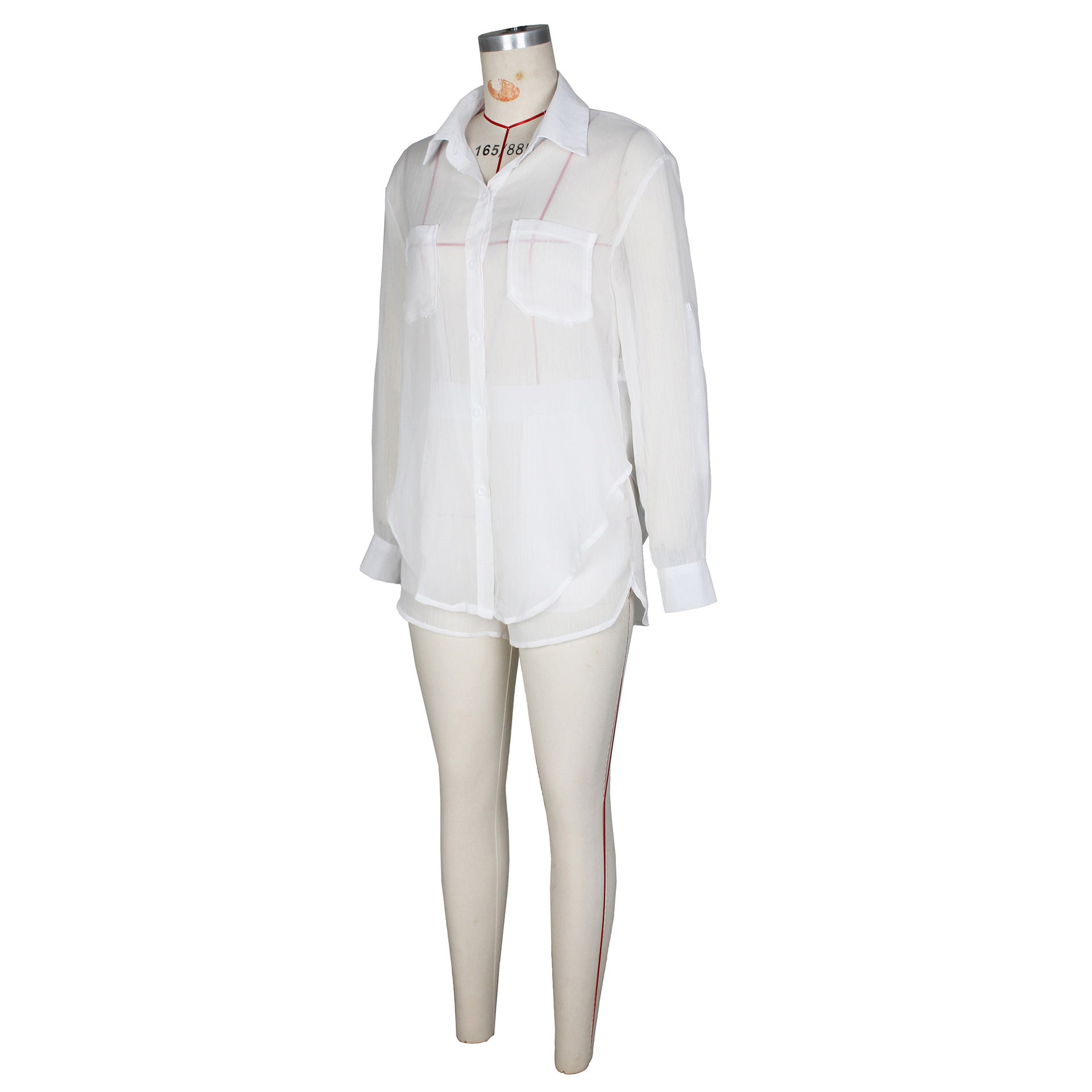 Women's Sexy Solid Color See-Through Long-Sleeved Shirt And Shorts Casual Set 13