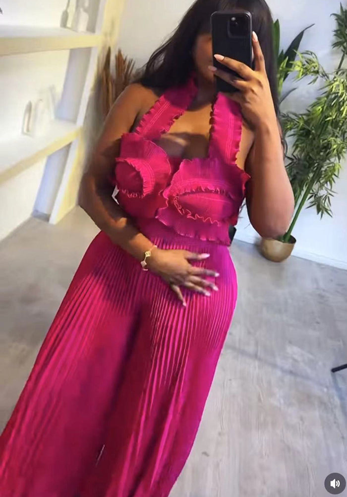 Women African Pleated Top + Wide Leg Pants Two-Piece Set