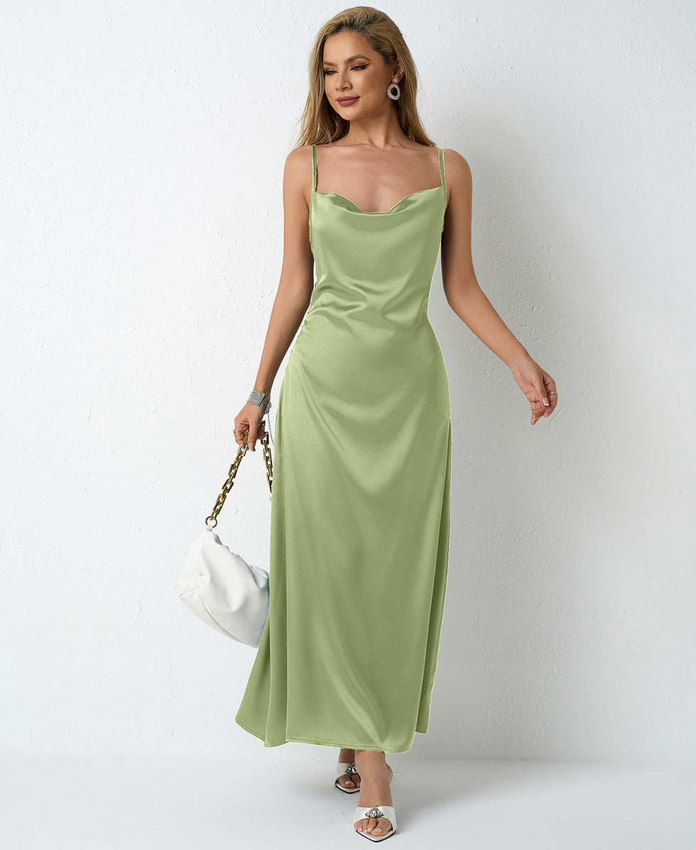 Women Pleated Sleeveless Satin Dress