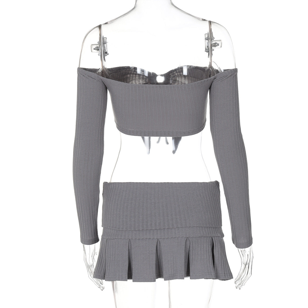 Women Autumn Sexy Off Shoulder Tie Long Sleeve Top and SkirtTwo Piece Set 8