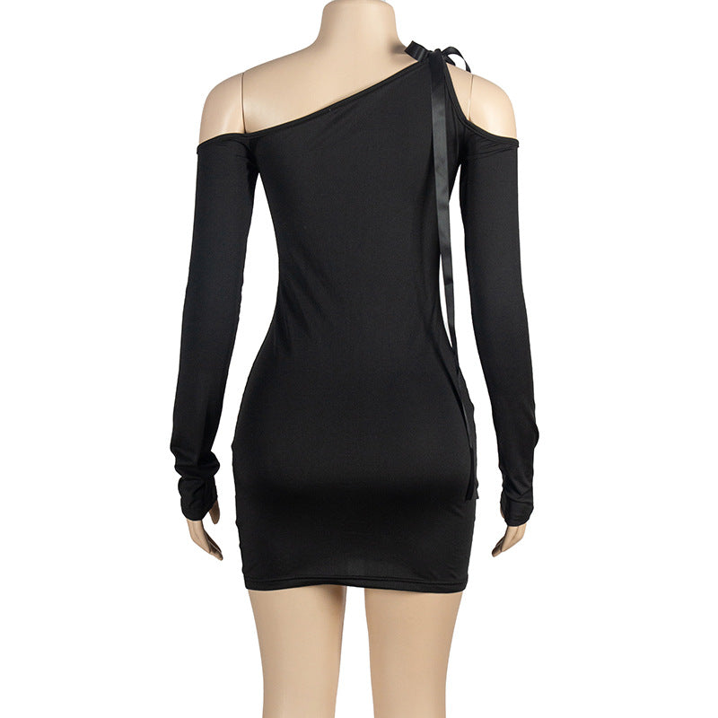 Women Spring Solid Slash Shoulder Strappy Off Shoulder Long Sleeve Dress 14