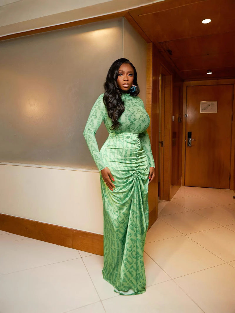 Women Fall/Winter Mesh Top And Long Skirt Two Piece Set 5