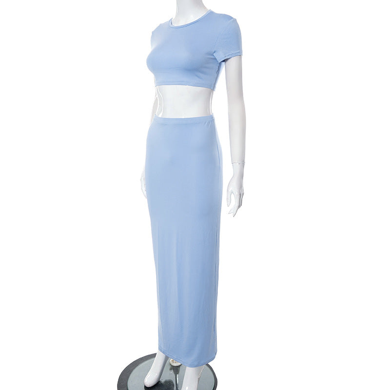 Women's Spring Solid Short Sleeve Crop Two Piece Skirt Set 38