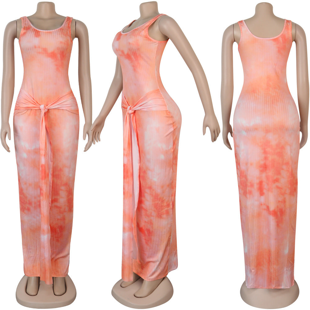 Women Ribbed Tie Dye Printed U Neck Lace-Up Dress 14