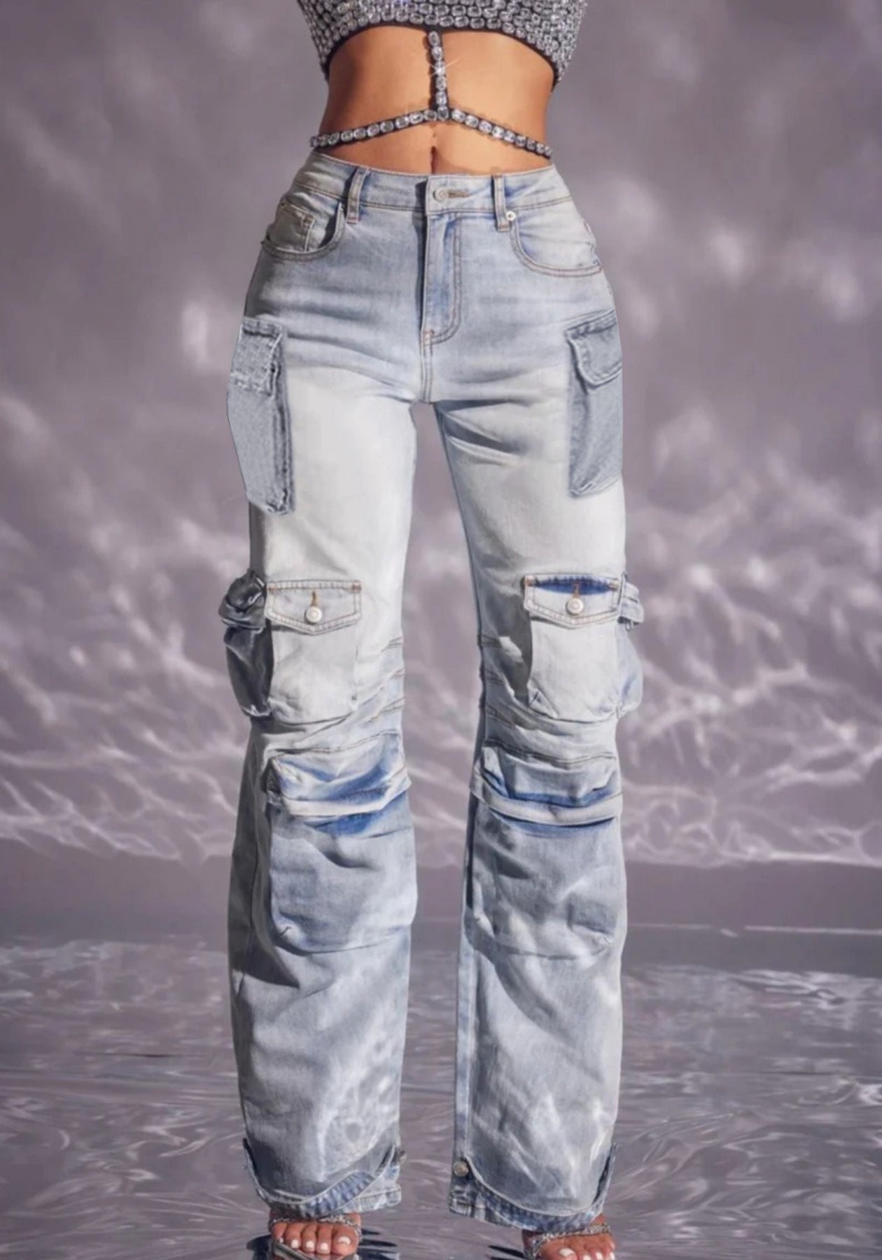 Fashionable Casual Multi-Pocket Patchwork Cargo Denim Pants 3