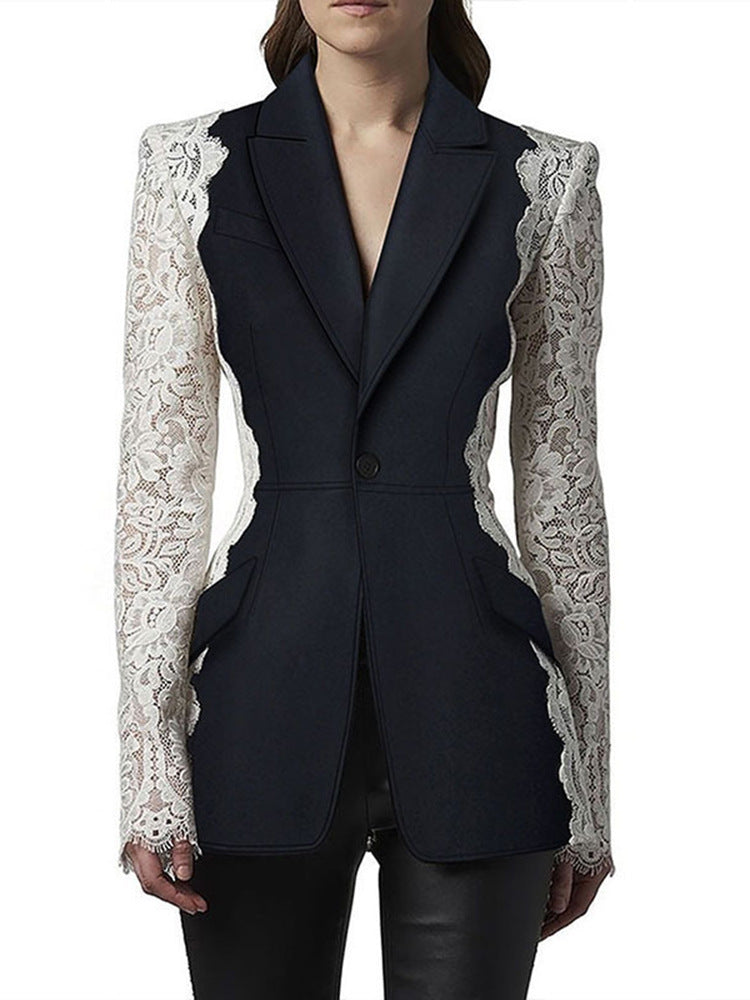 Fashion Slim One Button Contrast Color Lace Patchwork Blazer Jacket 3