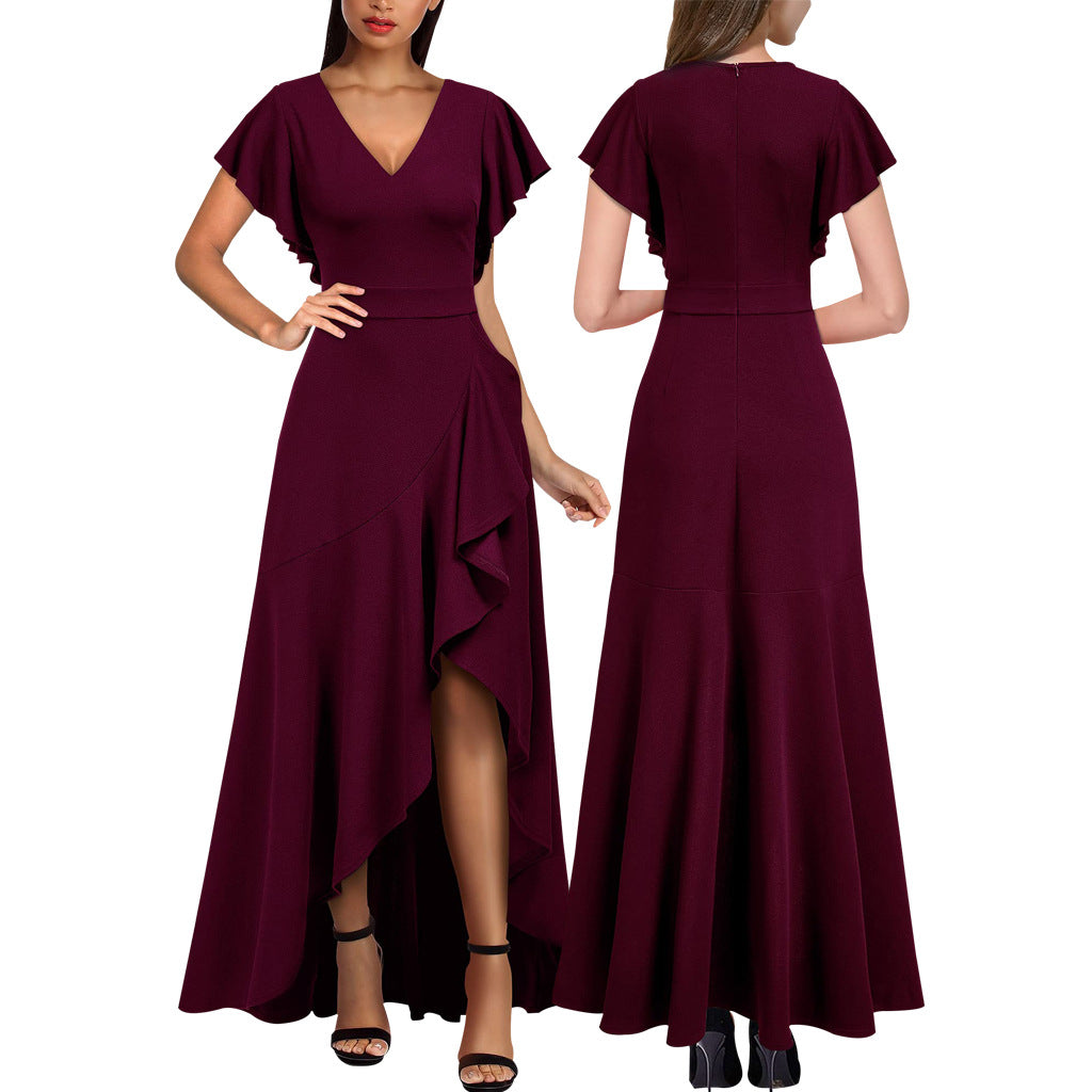 Women Sexy V Neck Irregular Ruffle Leaf Dress 3