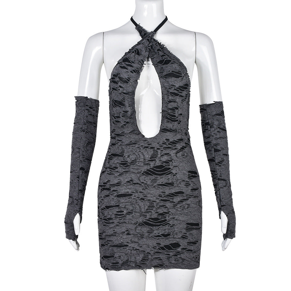 Women's Spring Ripped Halter Neck Low Back Slim Butt Lift Sexy Dress 8