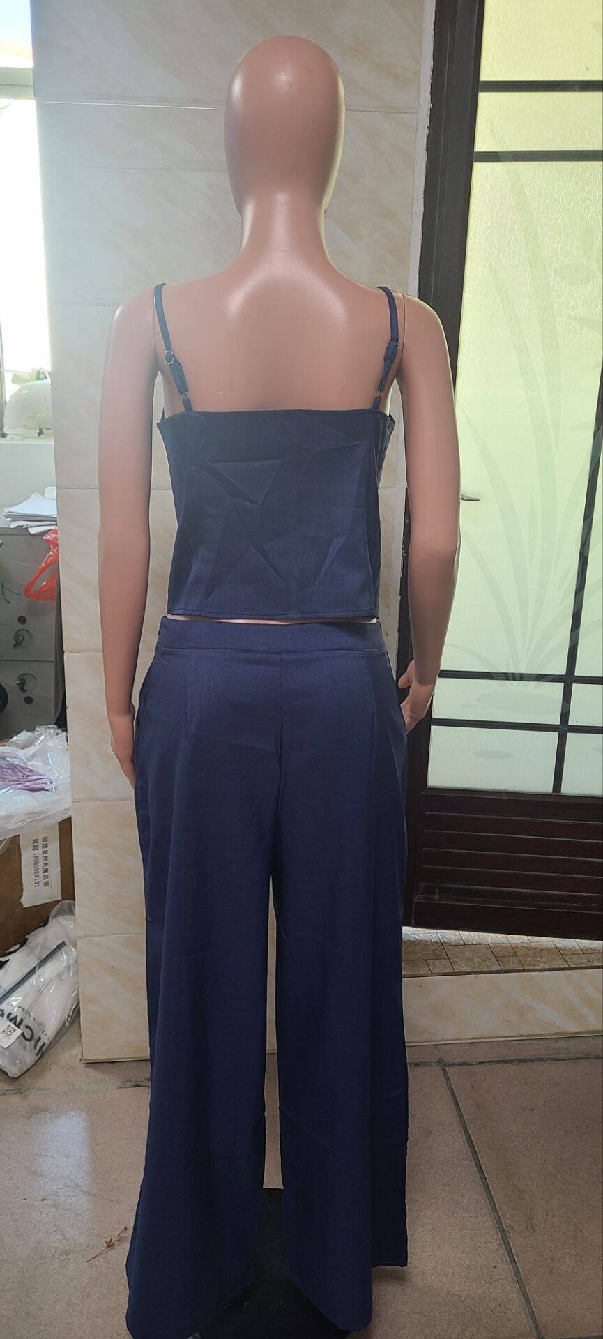 Summer Sexy Hollow Lace-Up Top Wide-Leg Pants Casual Two Piece Set 15