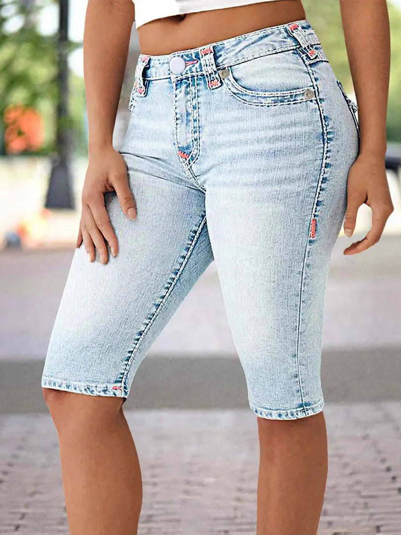 Women Colorblock Casual Denim Knee-Length Shorts 3