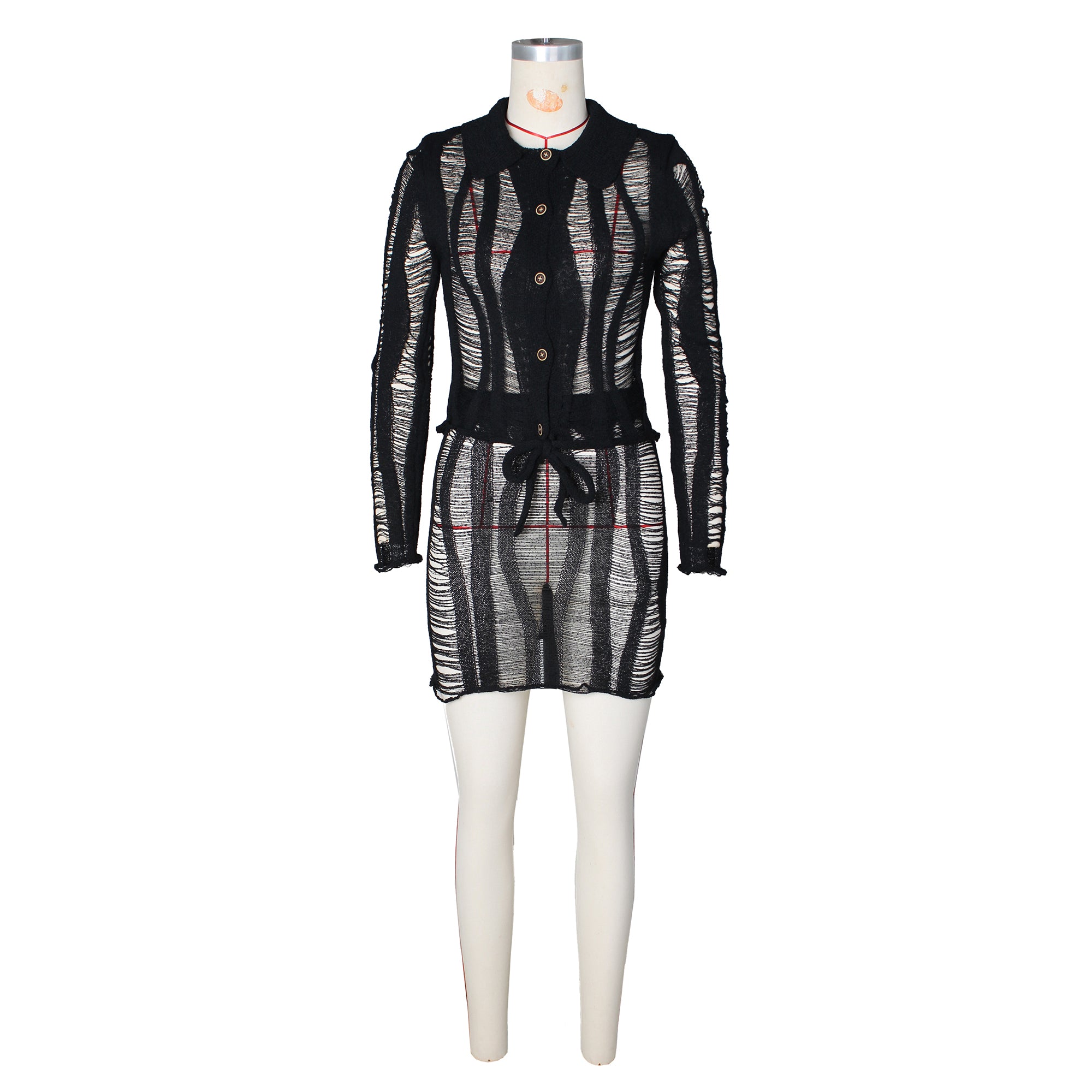 Women long-sleeved hollow lapel Top and Shorts two-piece set 6