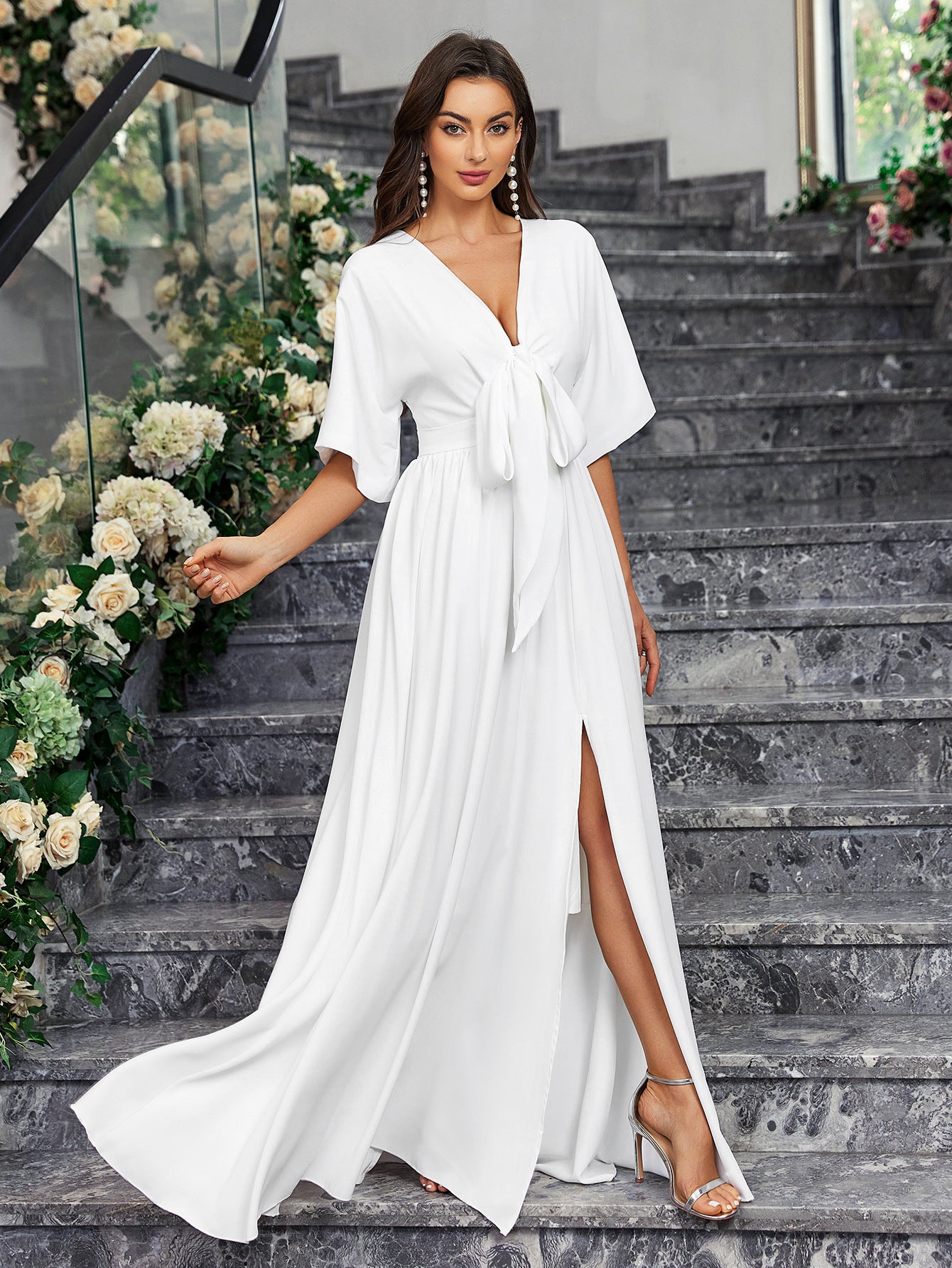 Elegant White V-Neck Slit Half-Sleeve Bow Tie Spring And Summer Women's Dress 6