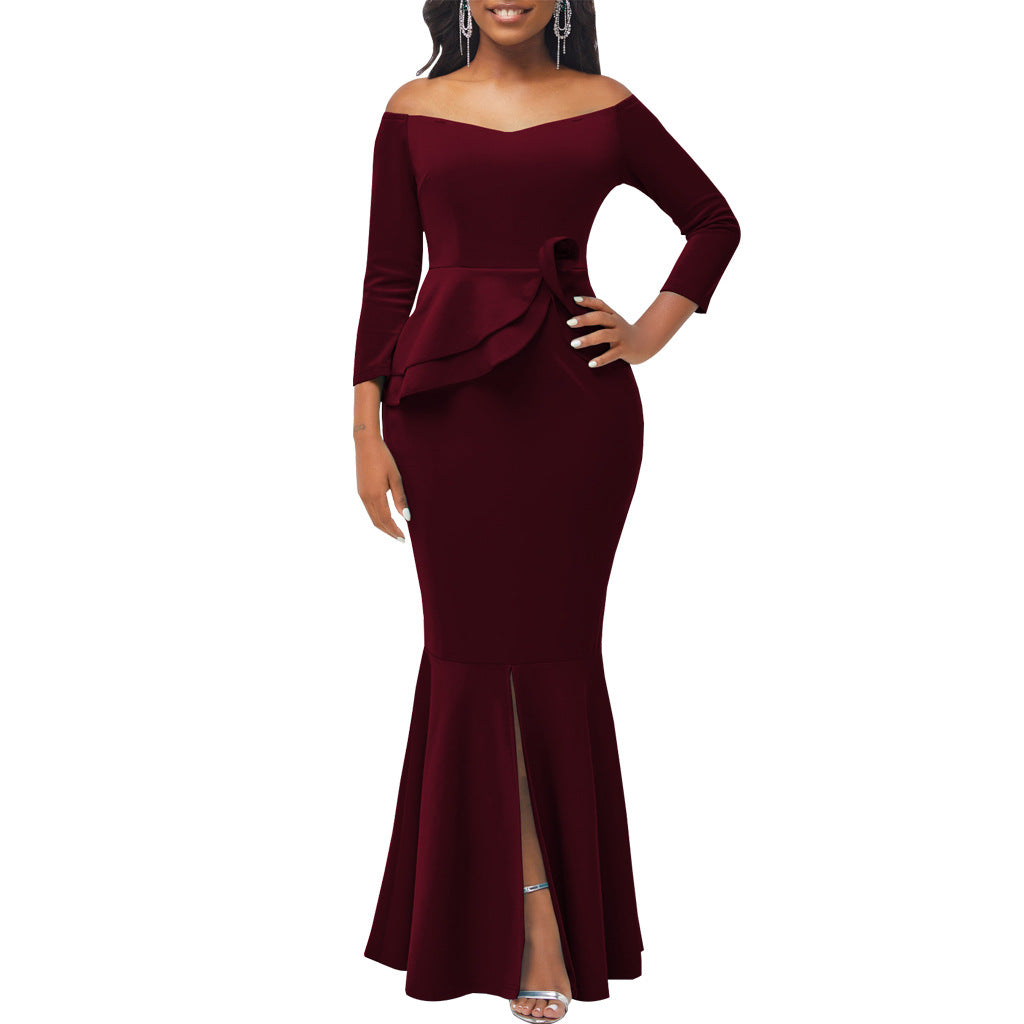 Sexy Fashion Solid Off Shoulder Slit Women's Evening Dress 7