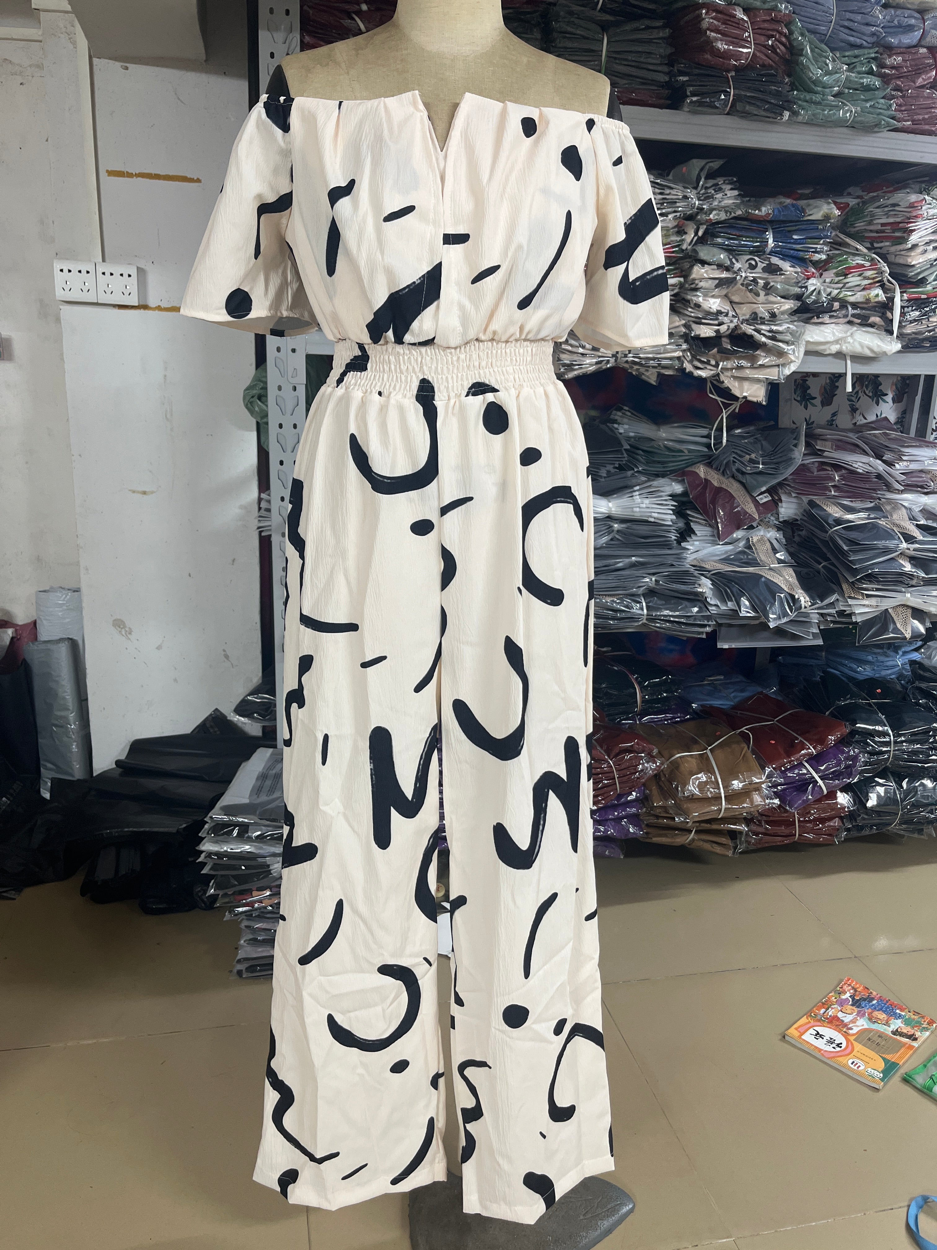 Women Off Shoulder V Neck Loose Straight Jumpsuit 30