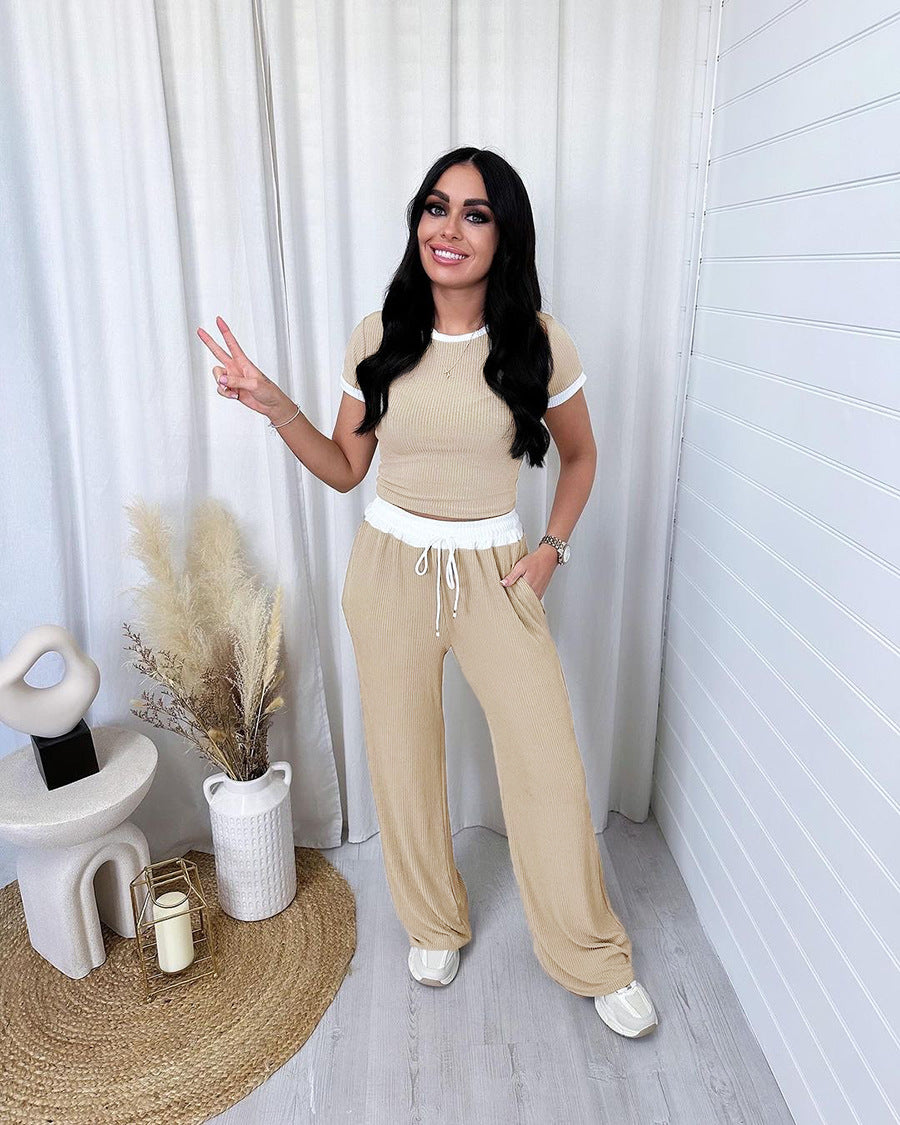 Spring Summer Style Round Neck Contrast Color Short Sleeve Top Women's Fashion Casual Wide Leg Pants Sports Two Piece Set 5