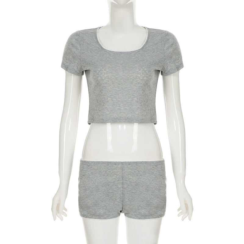 Casual Solid Color Short Sleeve T-Shirt Shorts Women Home Set 6