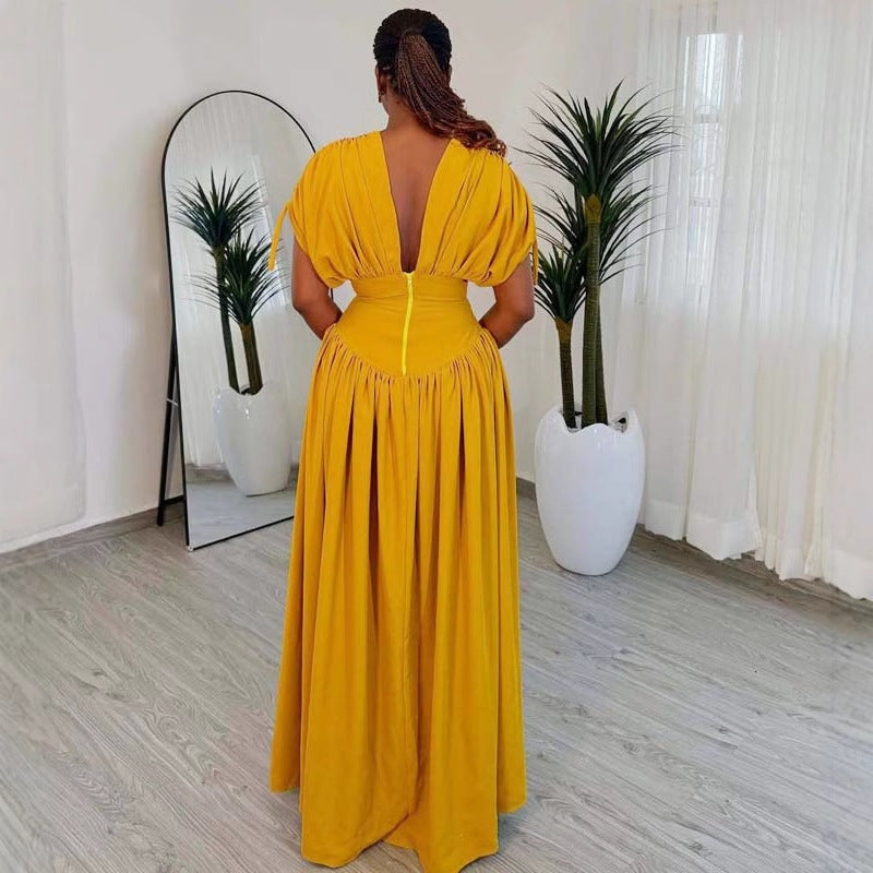 Women's V-Sleeve Elastic Slim Waist Solid Color  African High-Waist Long Dress 4