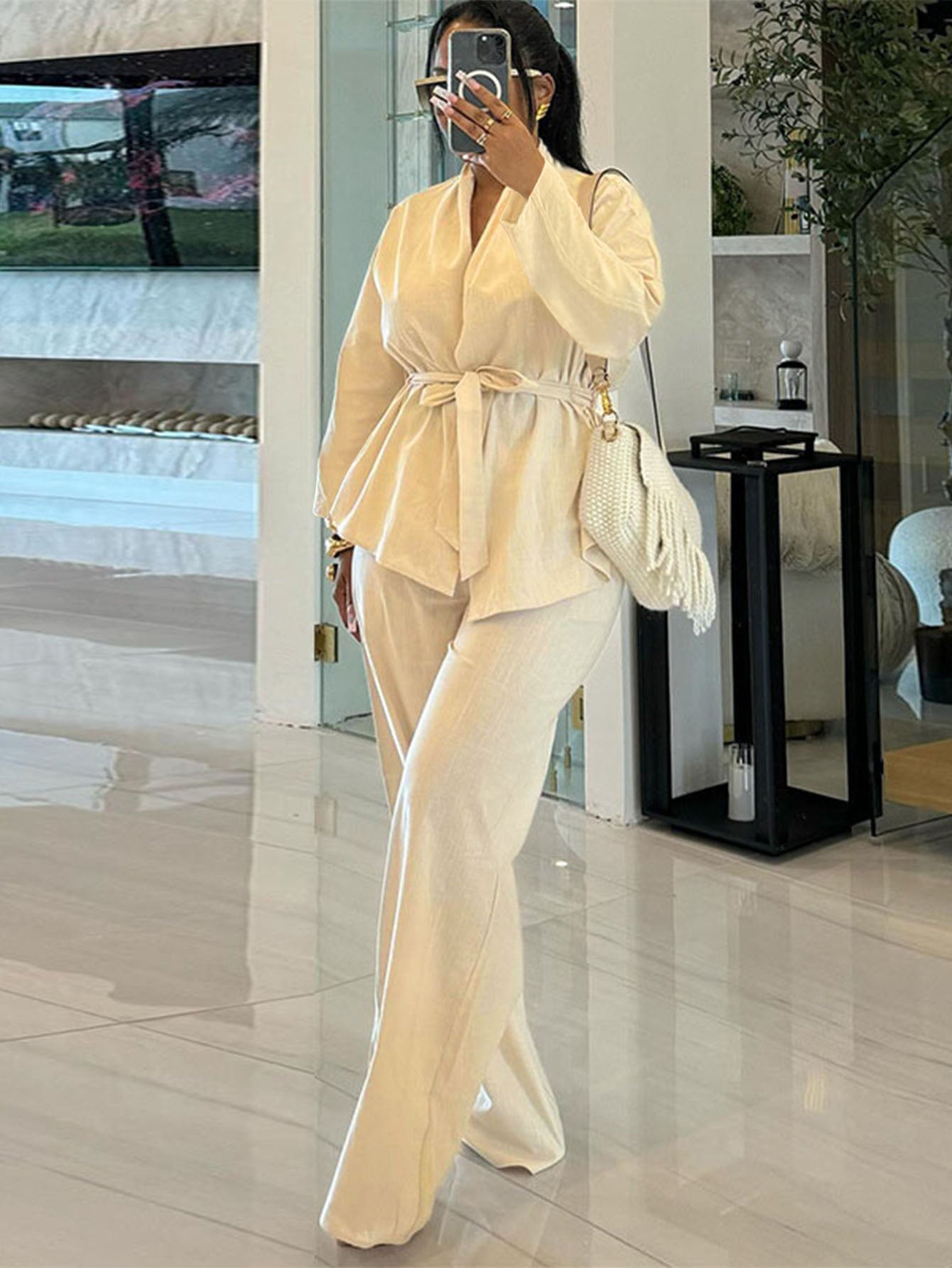 Women's Autumn Winter Elegant Solid Color Long Sleeve Lace-Up Belt Top Elastic Waist Pocket Straight Pants Two Piece Set