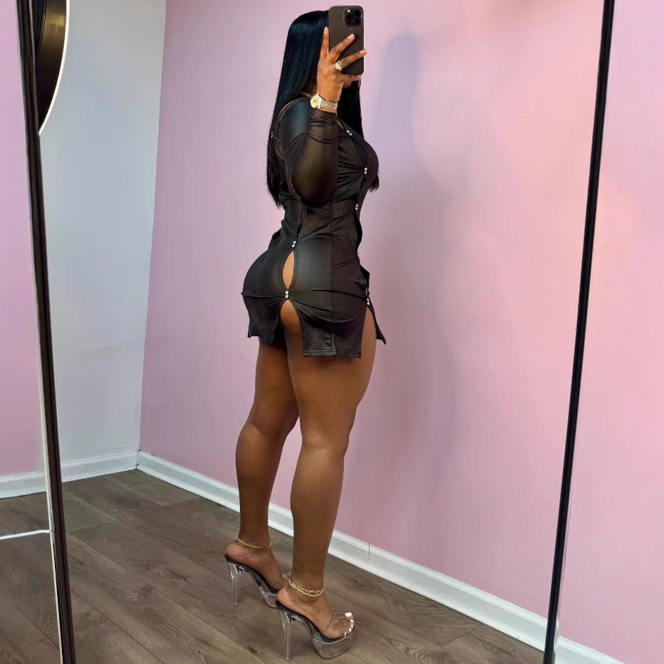 Women Spring Sexy Diamond Pu-Leater Dress 4